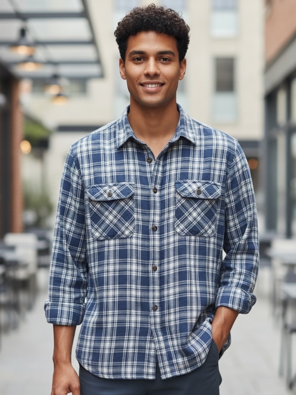 Faded Glory Men's Blue and White Plaid Button-Down Shirt
